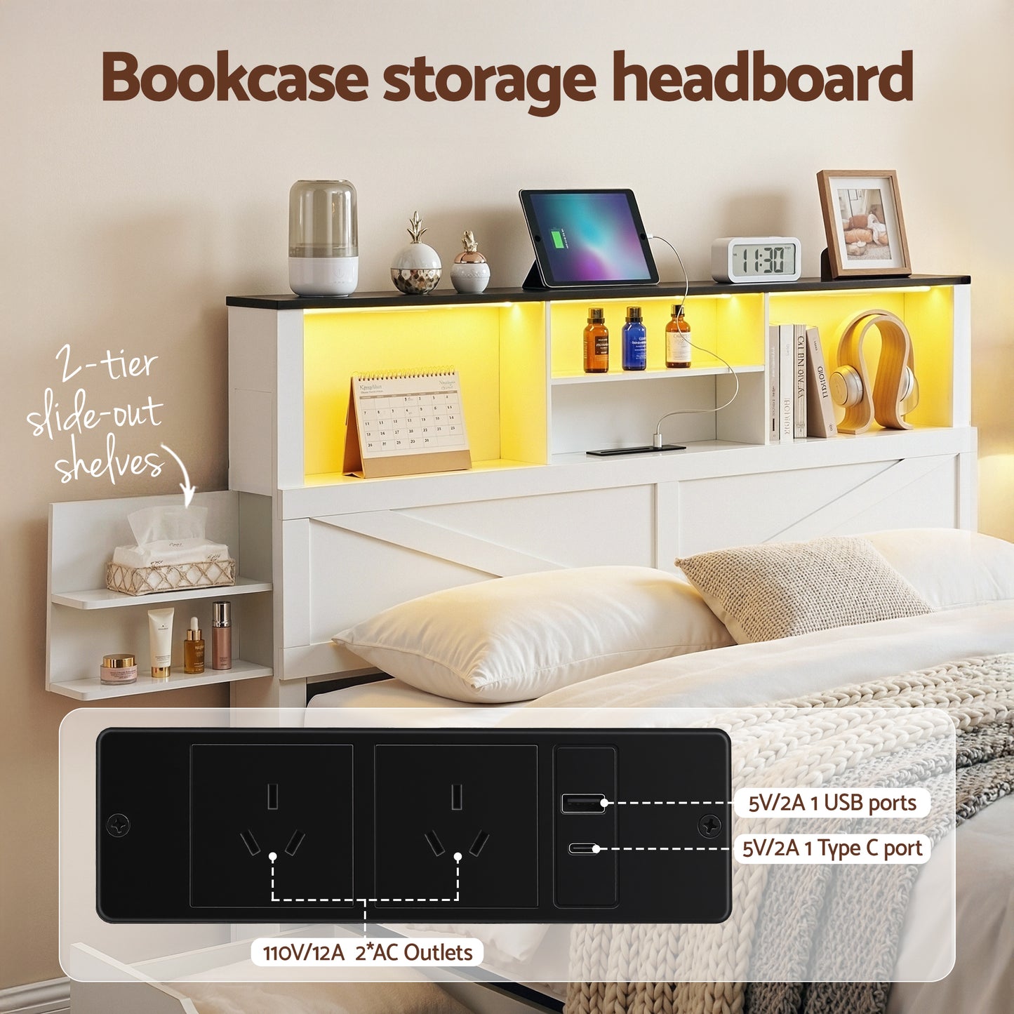 Madrid Bed Frame with Storage Drawers White Platform LED - White Double