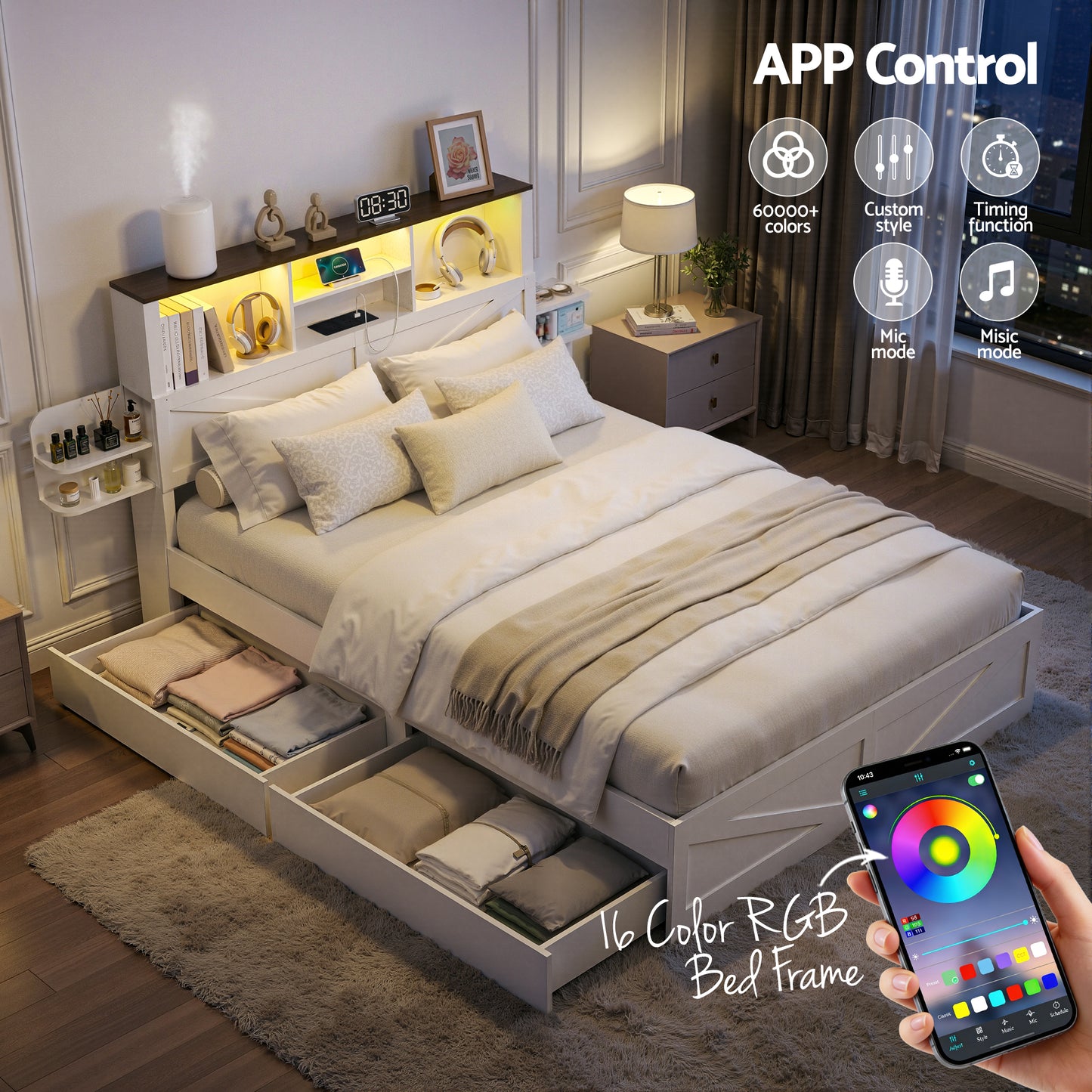 Madrid Bed Frame with Storage Drawers White Platform LED - White Double