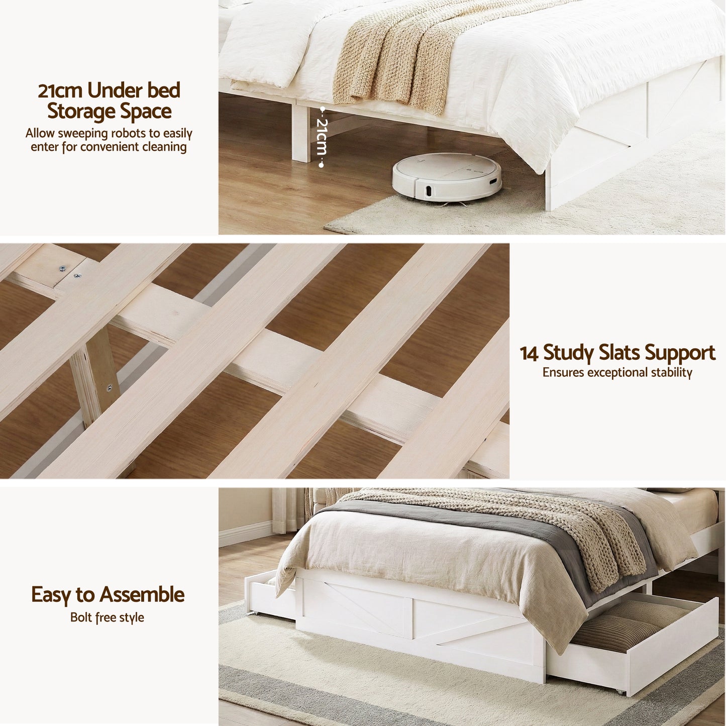 Madrid Bed Frame with Storage Drawers White Platform LED - White Double