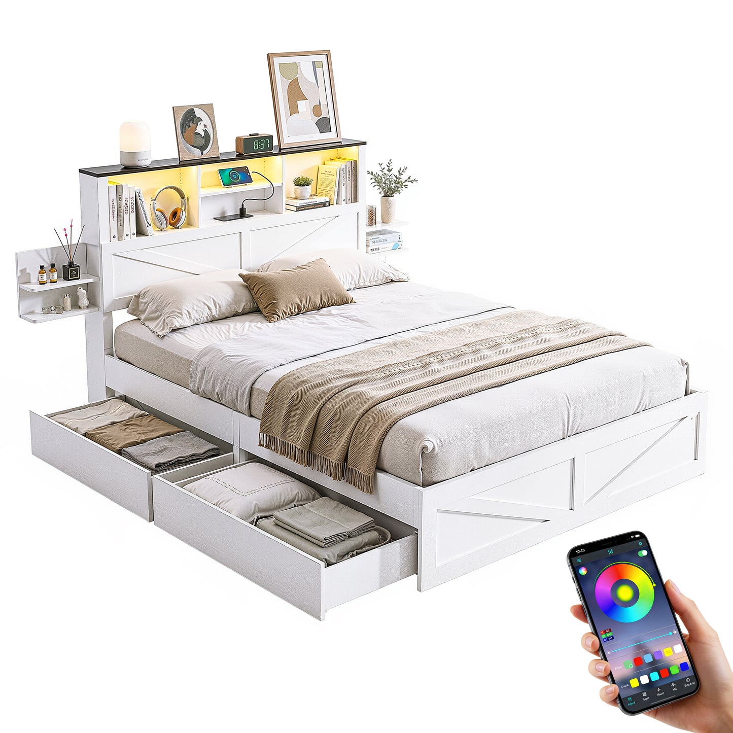 Madrid Bed Frame with Storage Drawers White Platform LED - White Double