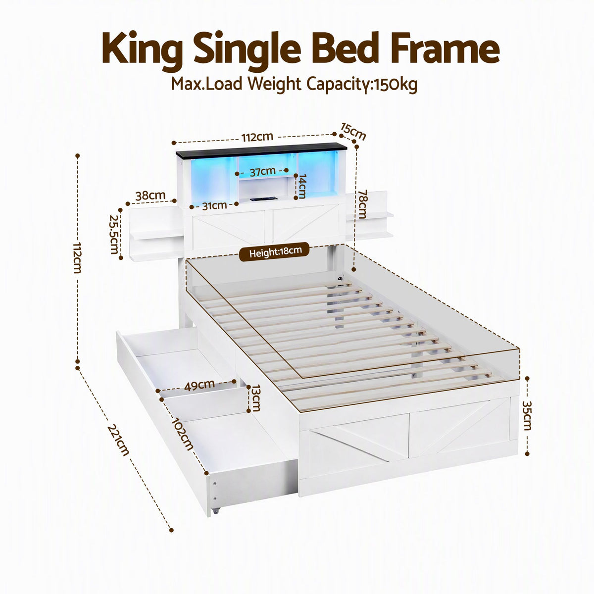 Madrid Bed Frame with Storage Drawers White Platform LED - White King Single