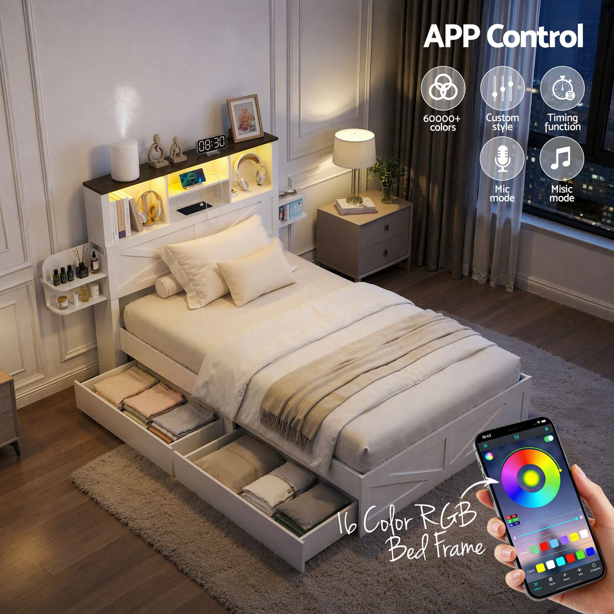 Madrid Bed Frame with Storage Drawers White Platform LED - White King Single