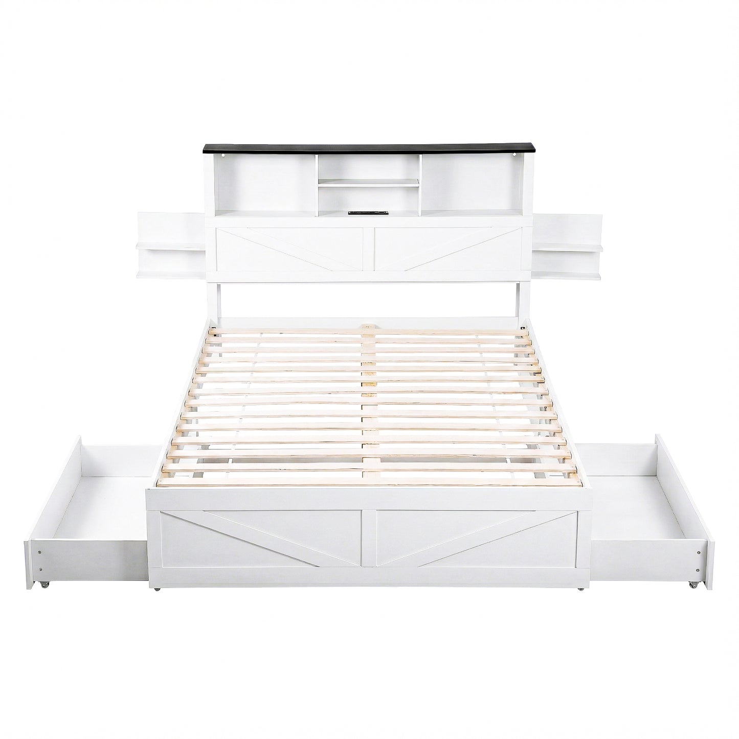 Madrid Bed Frame with Storage Drawers White Platform LED - White Queen
