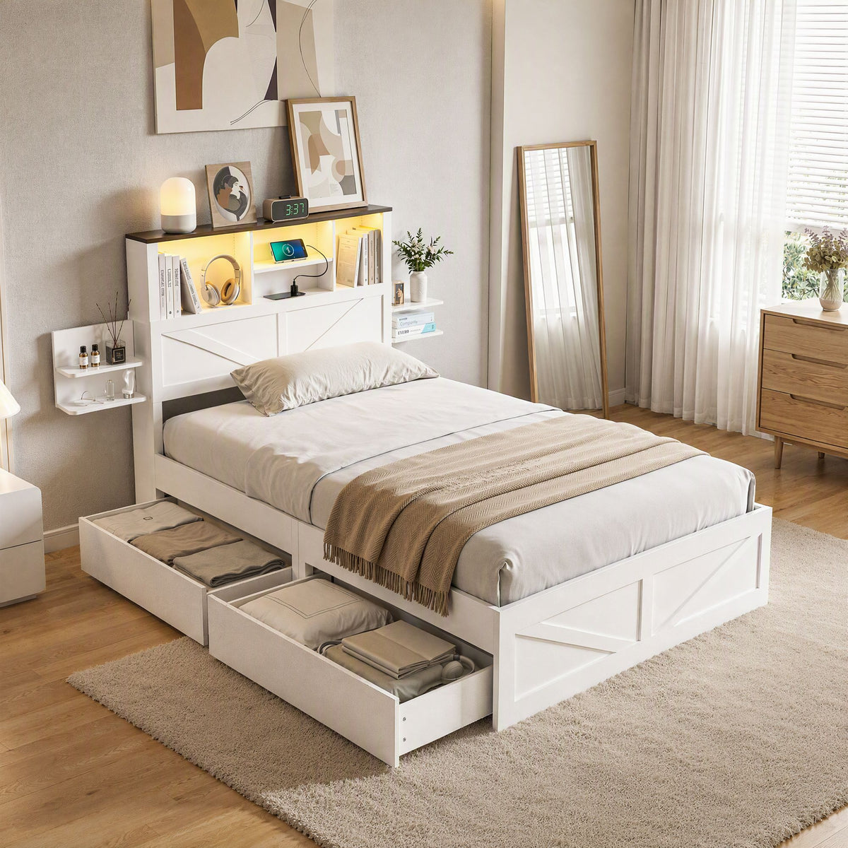 Madrid Bed Frame with Storage Drawers White Platform LED - White Single