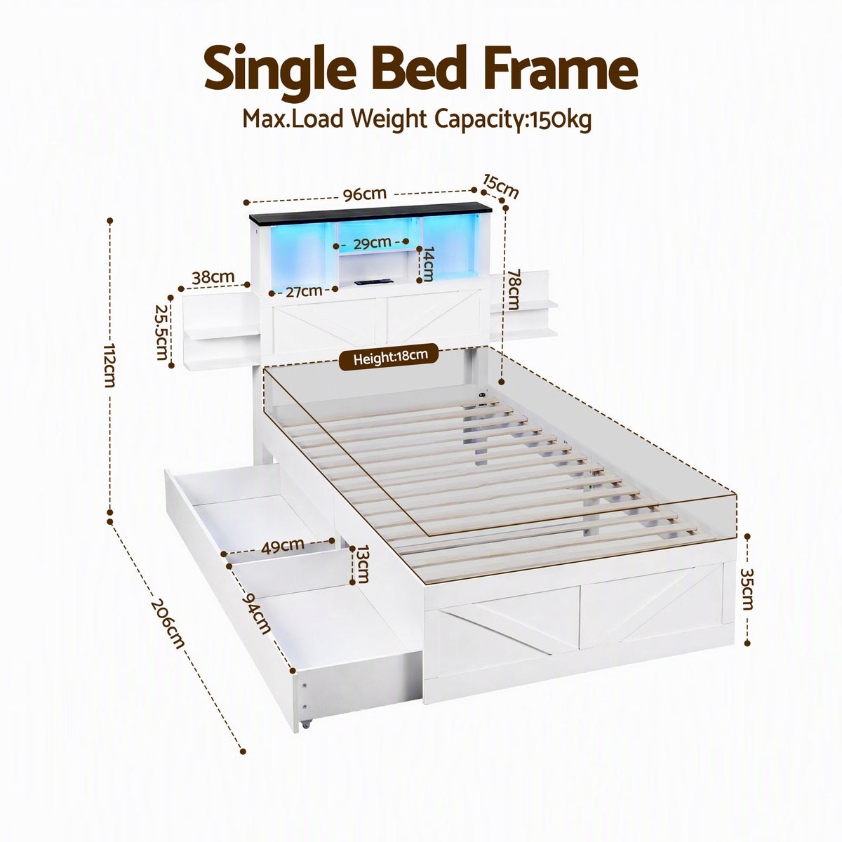 Madrid Bed Frame with Storage Drawers White Platform LED - White Single