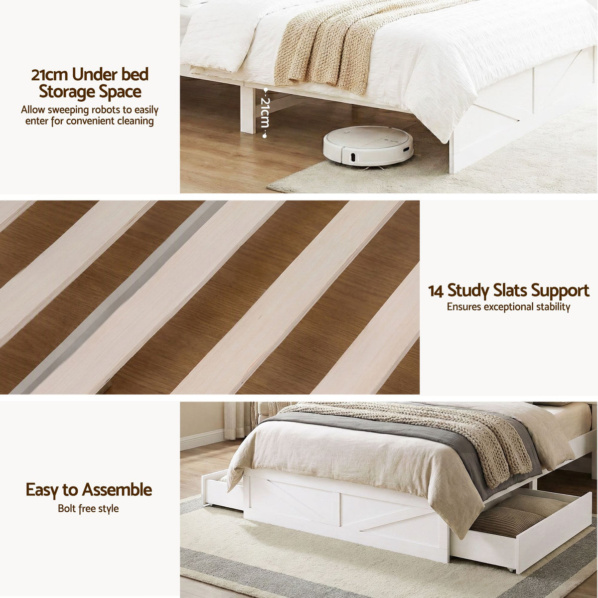 Madrid Bed Frame with Storage Drawers White Platform LED - White Single