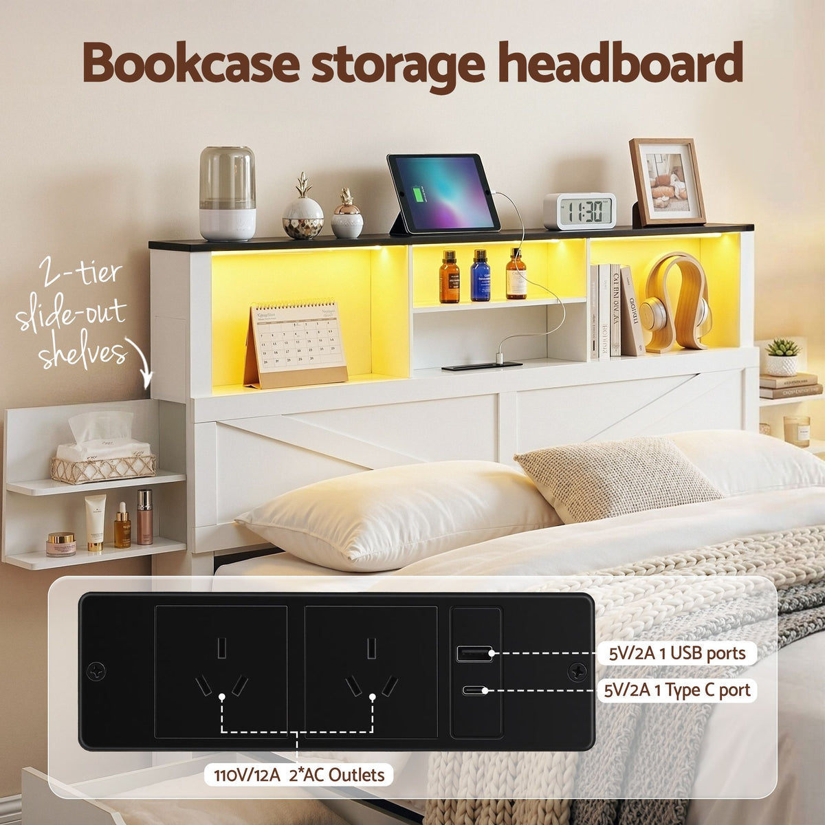 Madrid Bed Frame with Storage Drawers White Platform LED - White Single