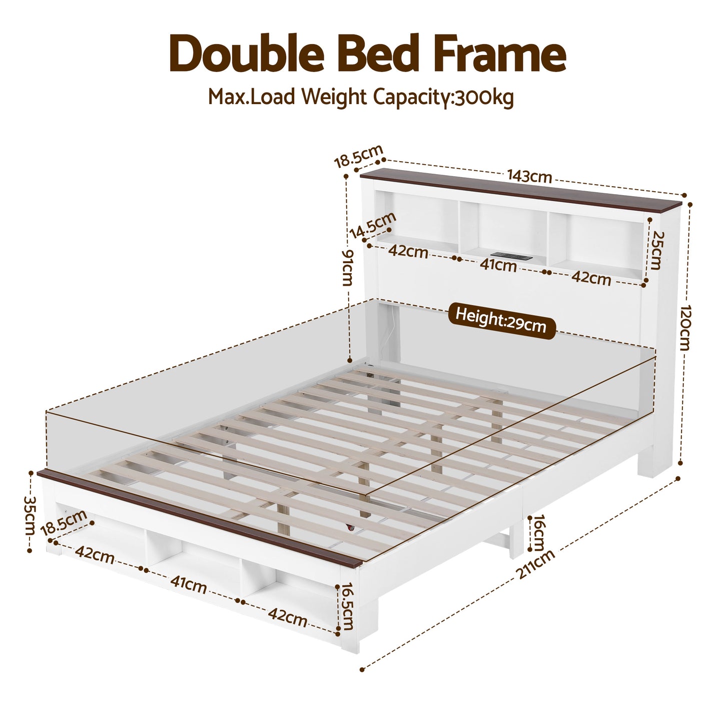 Mysha Bed Frame with Storage Bookcase Headboard and Footboard - White Double