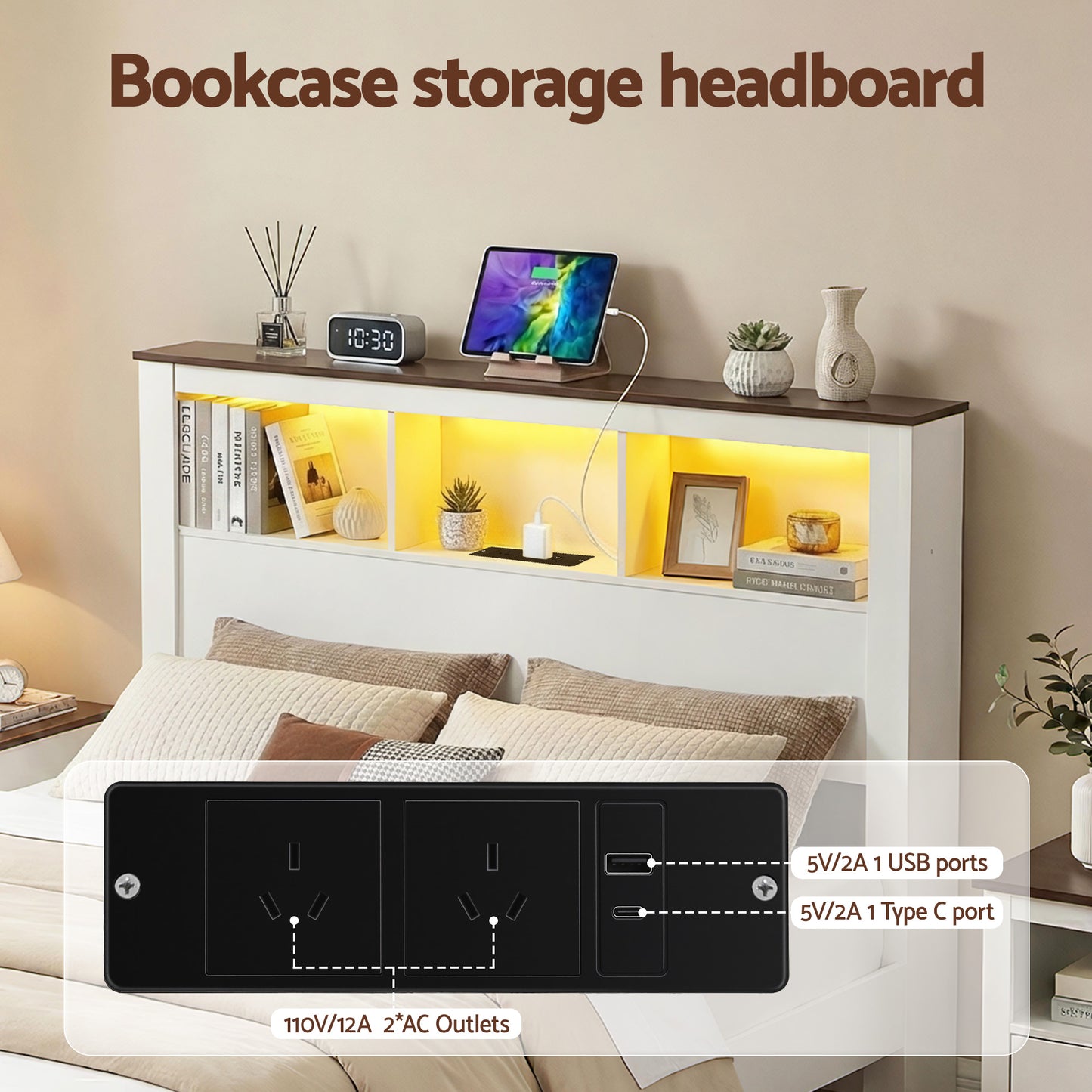 Mysha Bed Frame with Storage Bookcase Headboard and Footboard - White Double