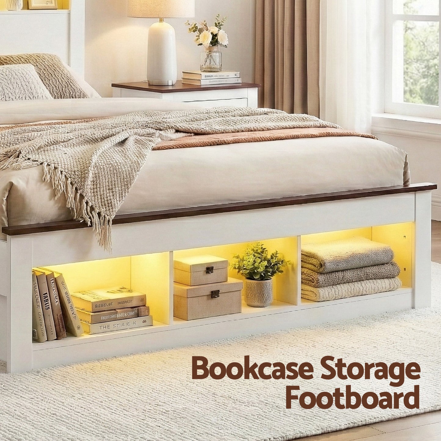 Mysha Bed Frame with Storage Bookcase Headboard and Footboard - White Double