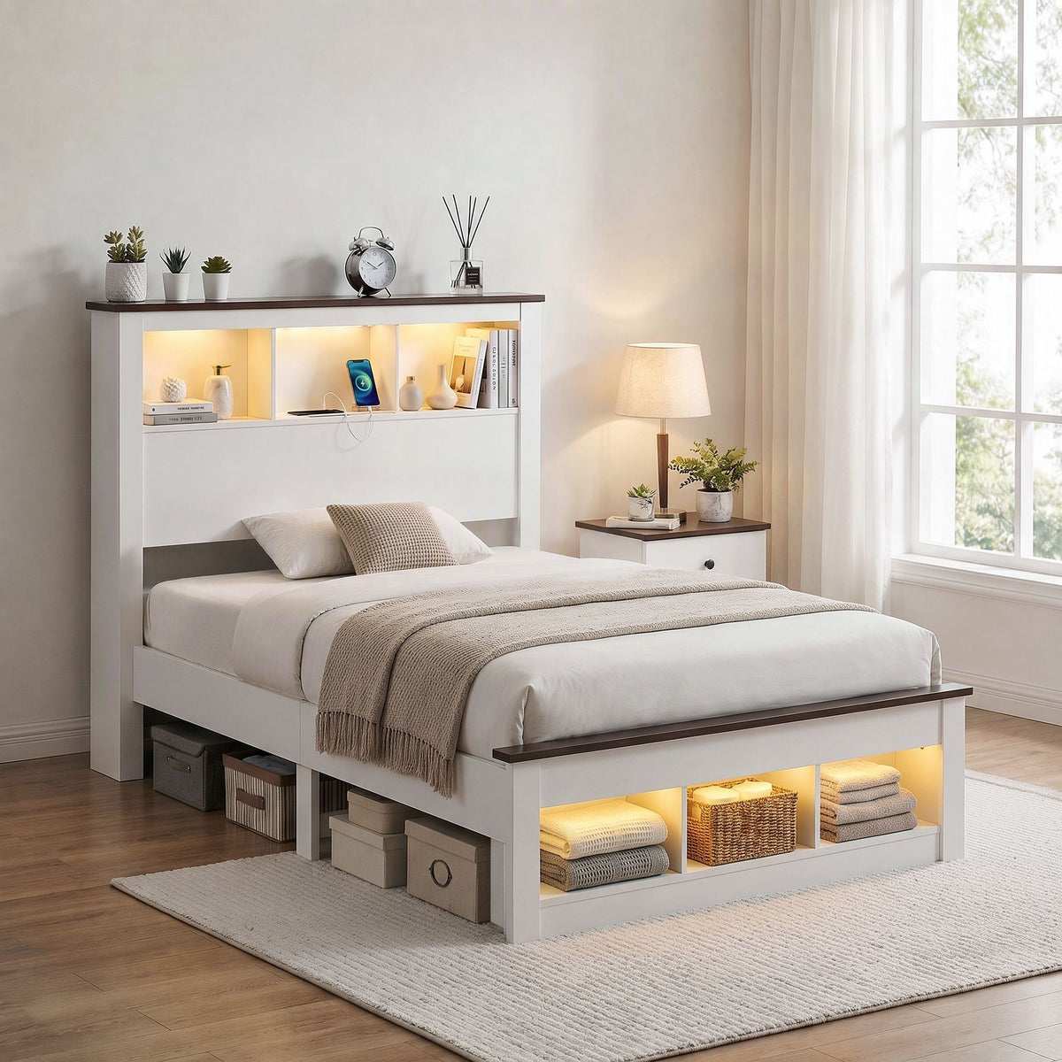 Mysha Bed Frame with Storage Bookcase Headboard and Footboard - White King Single