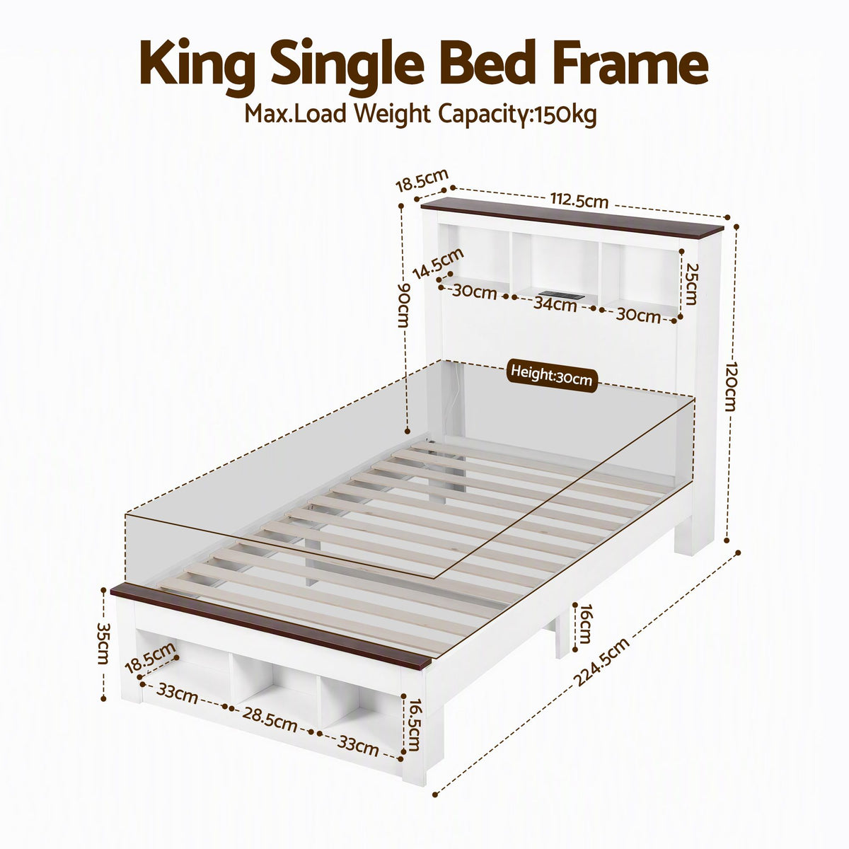 Mysha Bed Frame with Storage Bookcase Headboard and Footboard - White King Single
