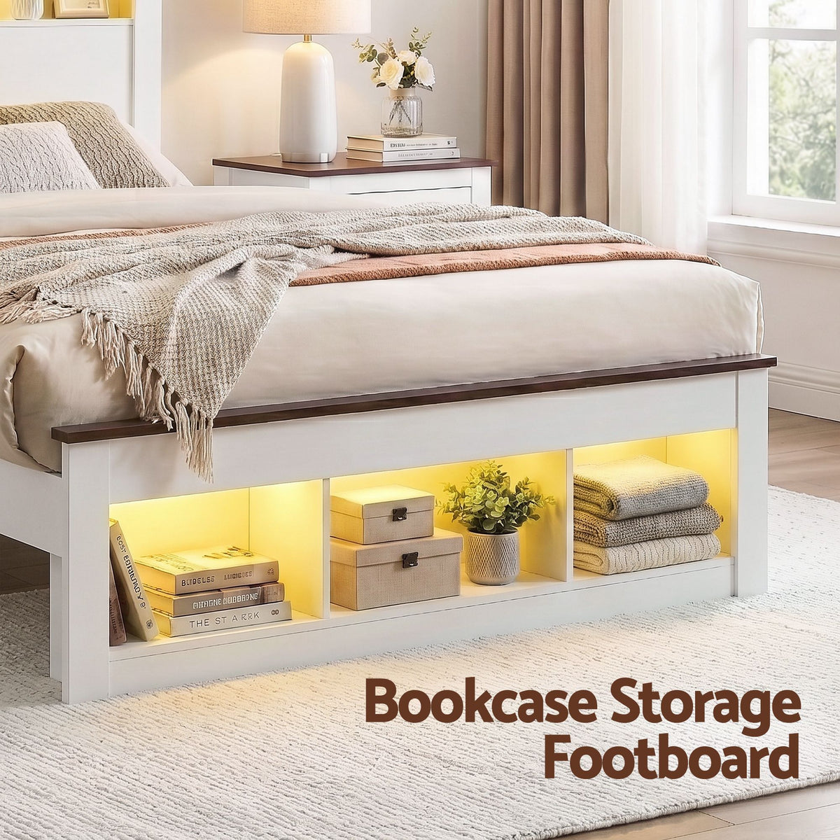Mysha Bed Frame with Storage Bookcase Headboard and Footboard - White King Single