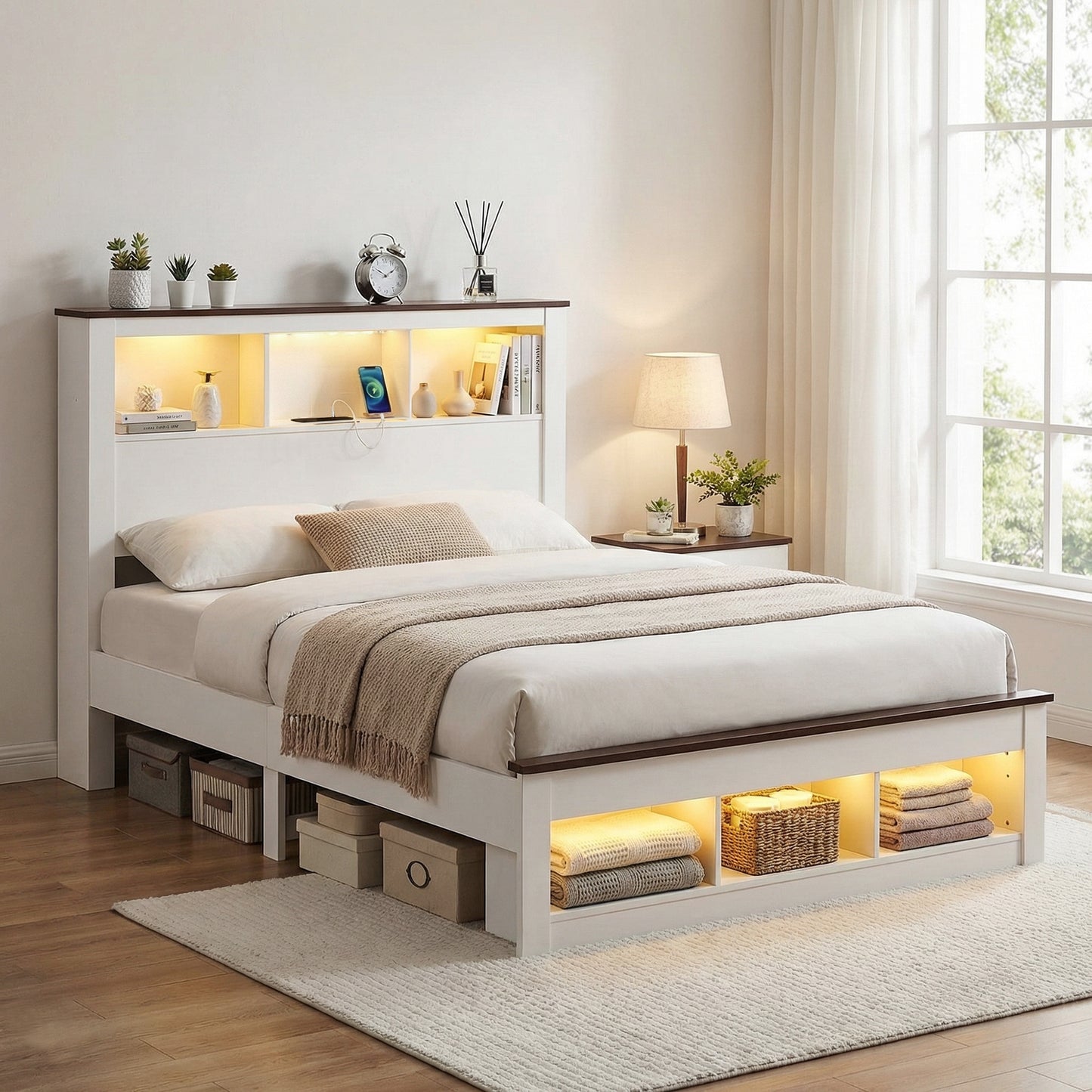 Mysha Bed Frame with Storage Bookcase Headboard and Footboard - White Queen