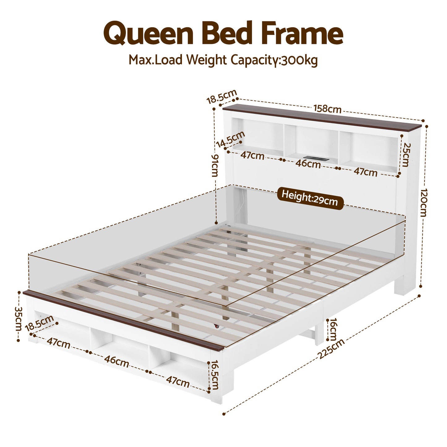 Mysha Bed Frame with Storage Bookcase Headboard and Footboard - White Queen