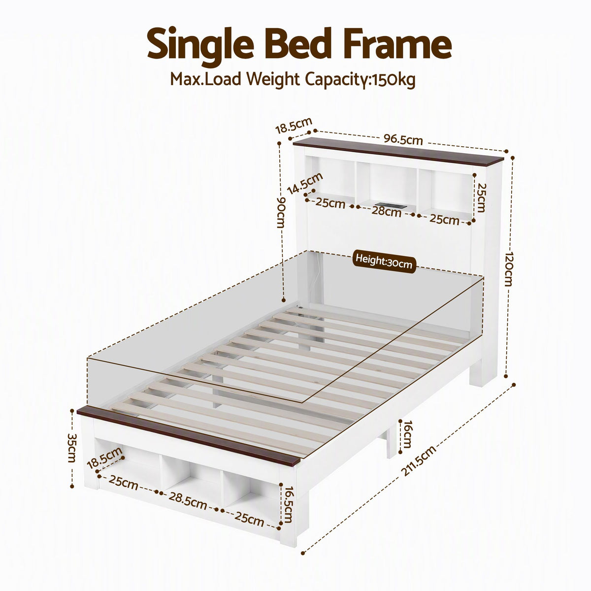 Mysha Bed Frame with Storage Bookcase Headboard and Footboard - White Single