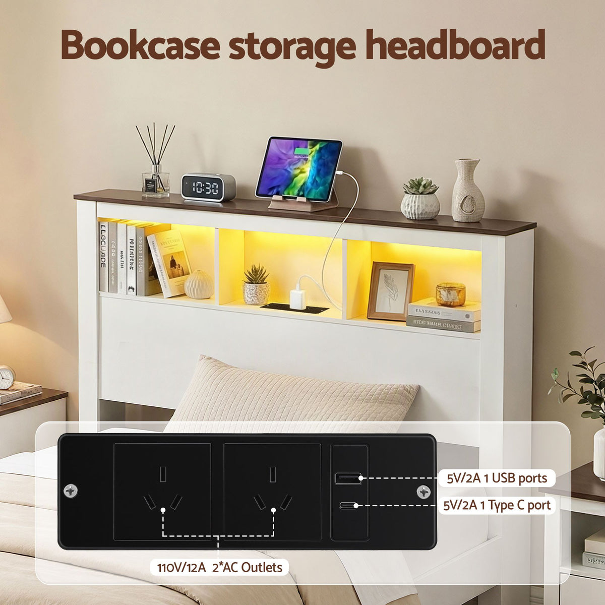 Mysha Bed Frame with Storage Bookcase Headboard and Footboard - White Single