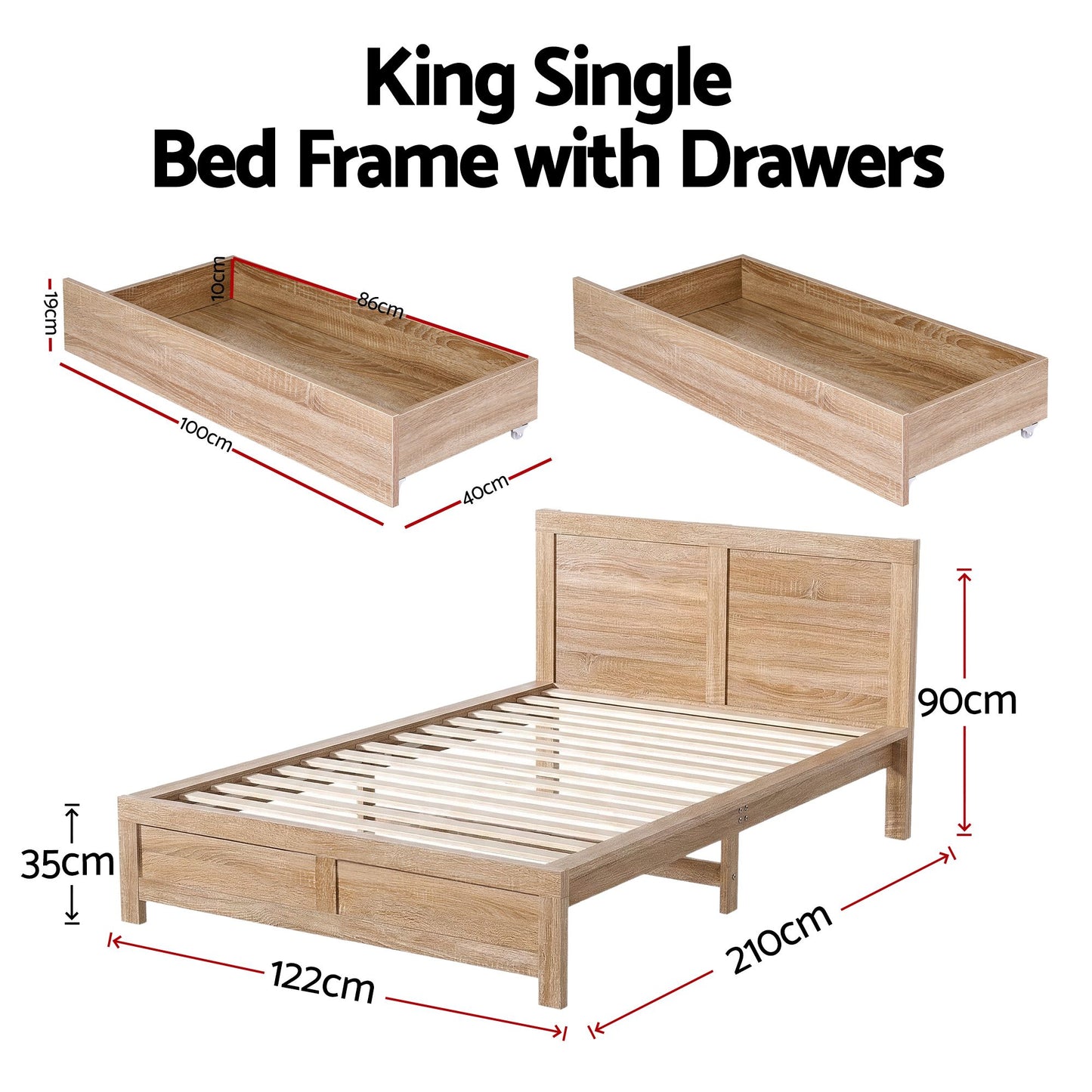Annie Bed Frame with 2 Drawers - Natural King Single