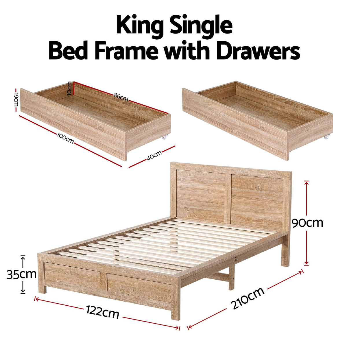Lithara Bed & Mattress Package with 34cm Mattress Wooden Bed with Drawers - Wood King Single