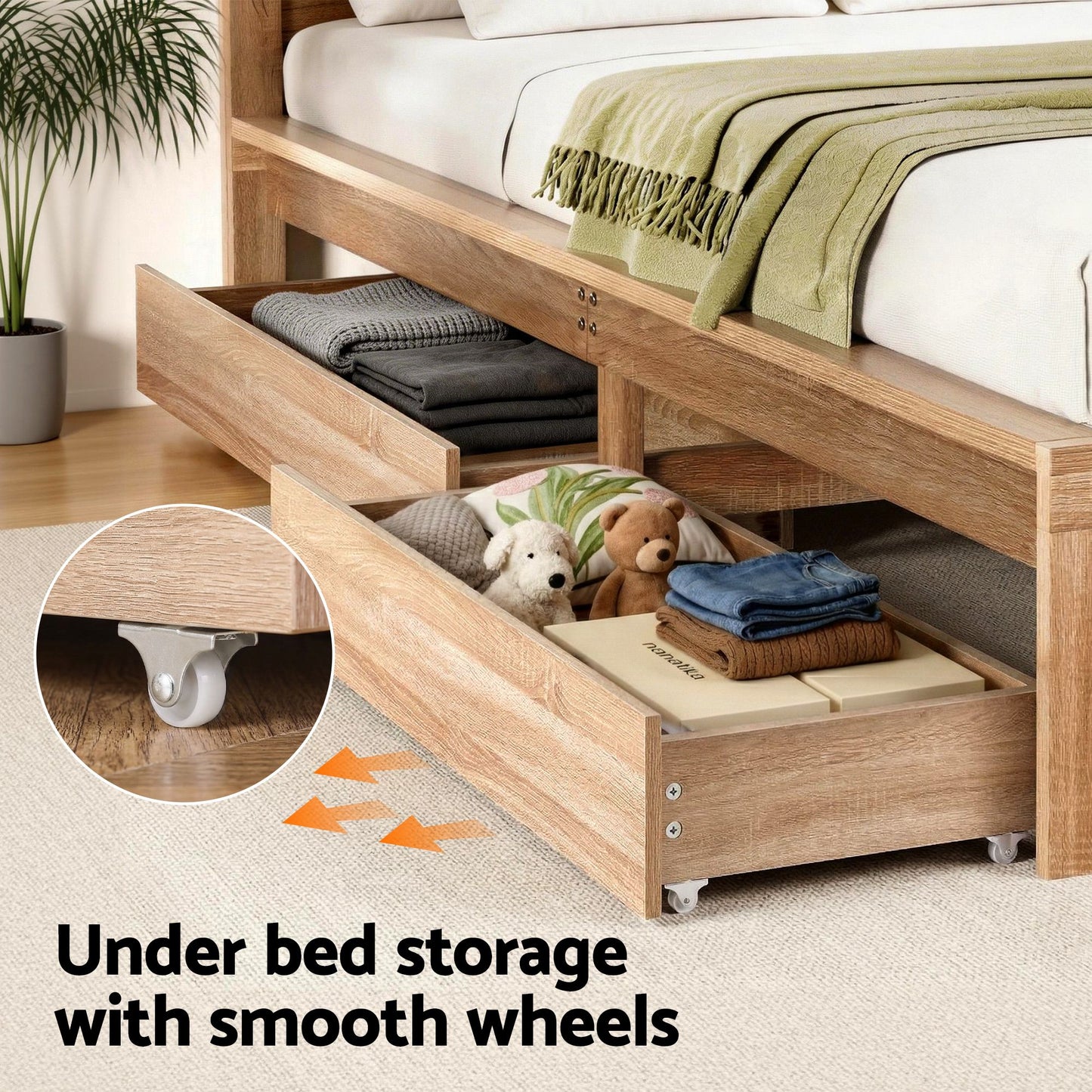 Annie Bed Frame with 2 Drawers - Natural King Single