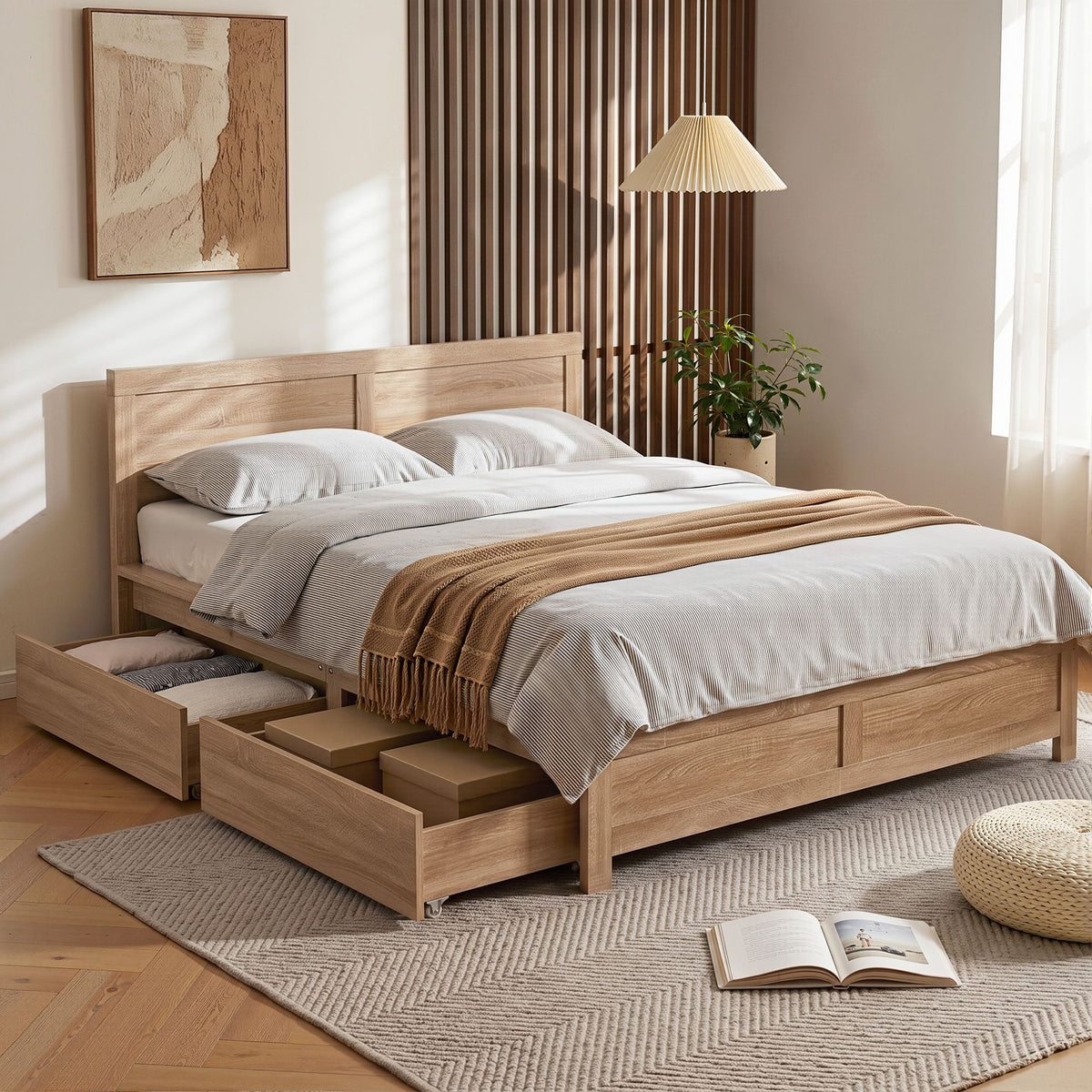 Lithara Bed & Mattress Package with 32cm Mattress Wooden Bed with Drawers - Wood Queen