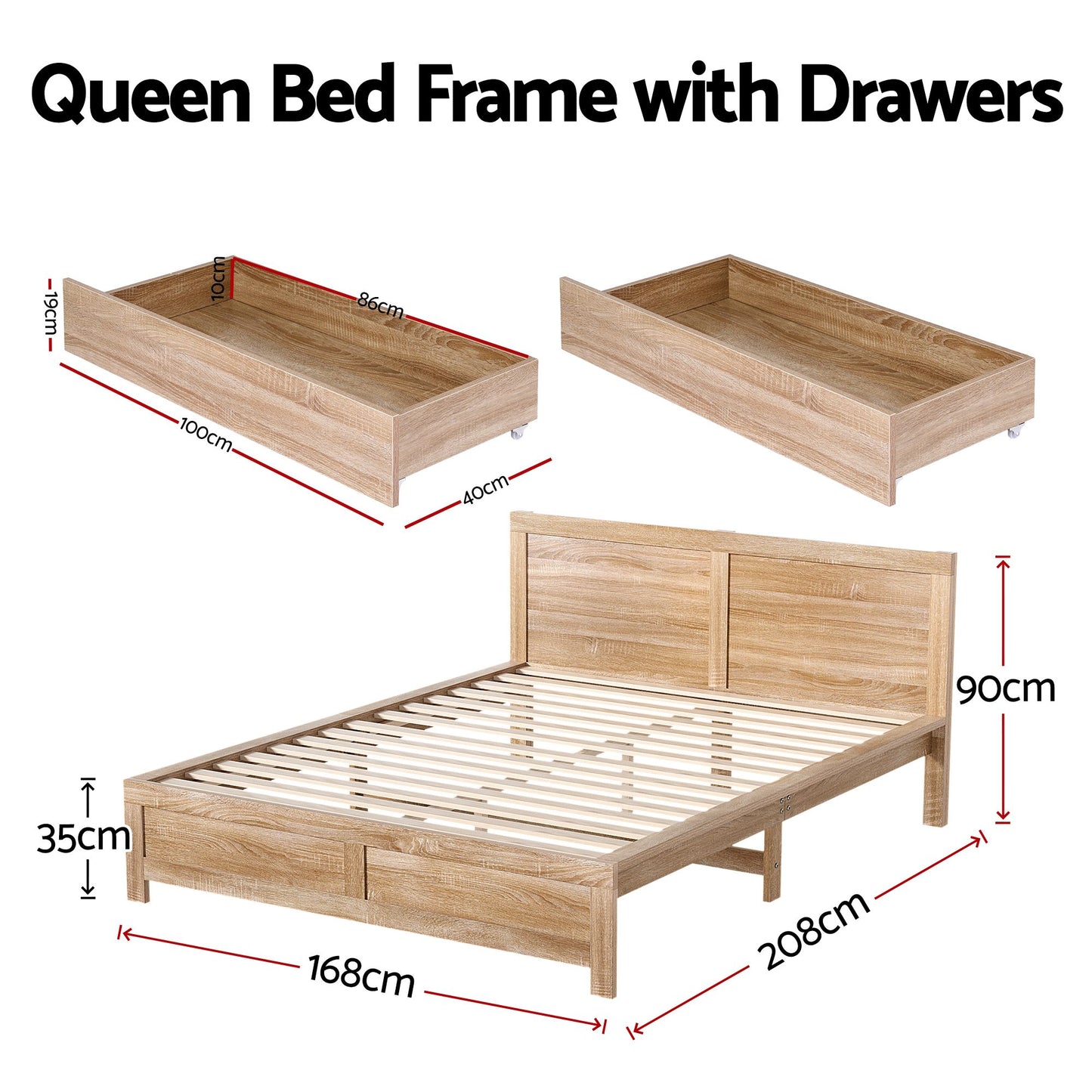Annie Bed Frame with 2 Drawers - Natural Queen