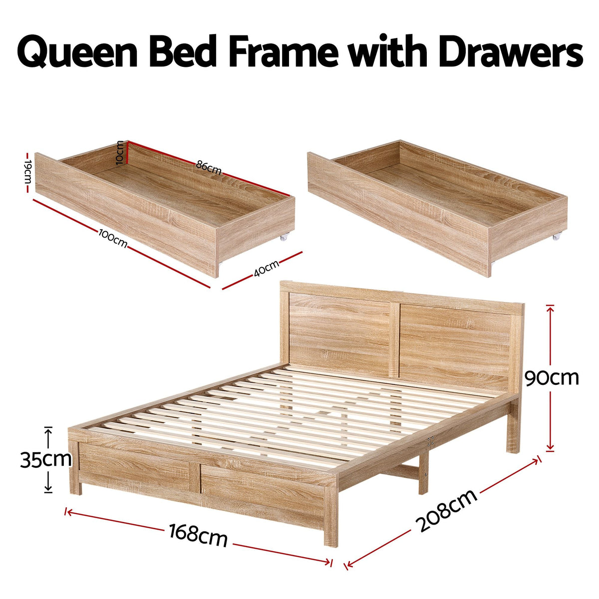 Lithara Bed & Mattress Package with 34cm Mattress Wooden Bed with Drawers - Wood Queen