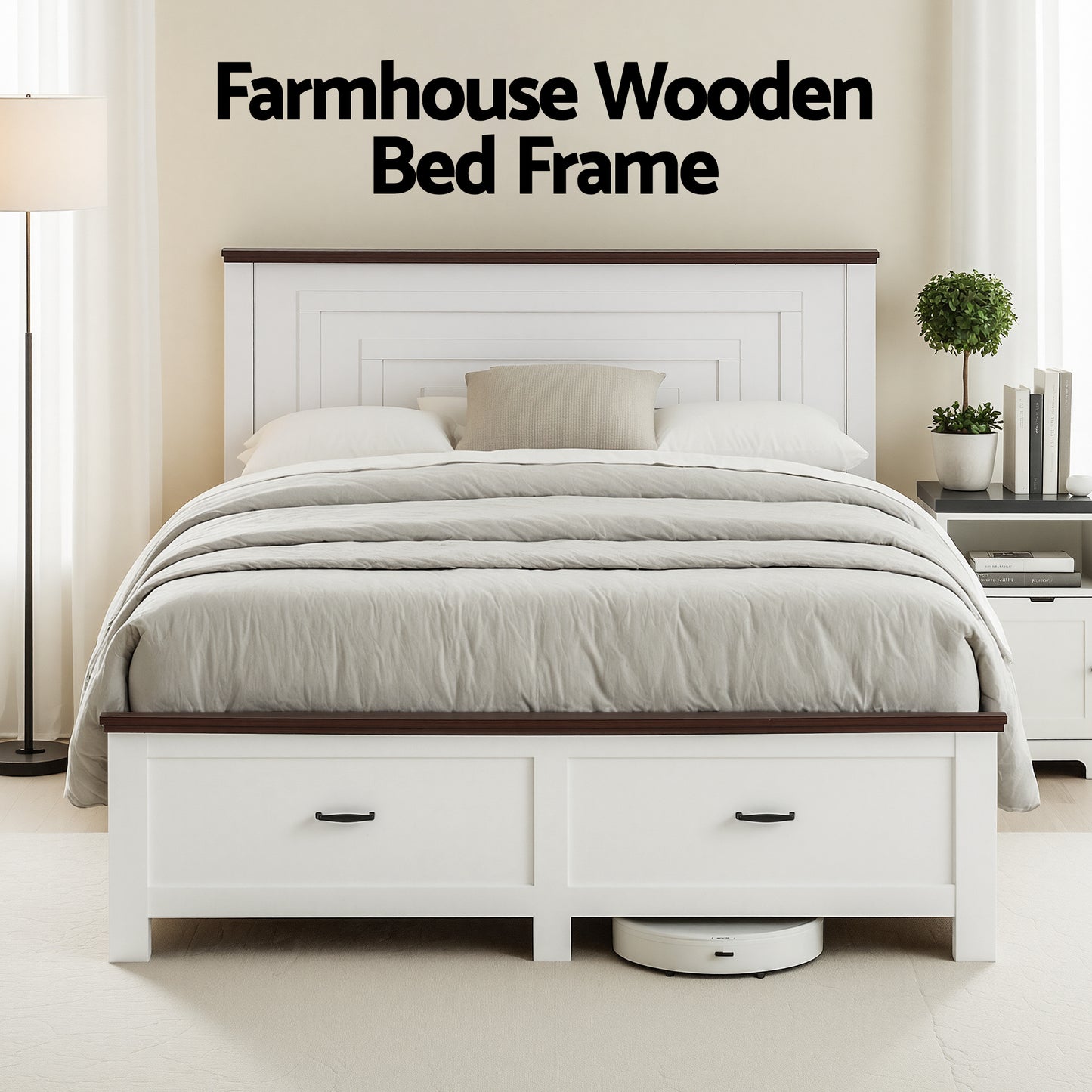 Aveline Wooden Bed Frame with 2 Drawer Platform Bed - White Double