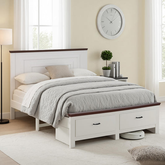Aveline Wooden Bed Frame with 2 Drawer Platform Bed - White Queen