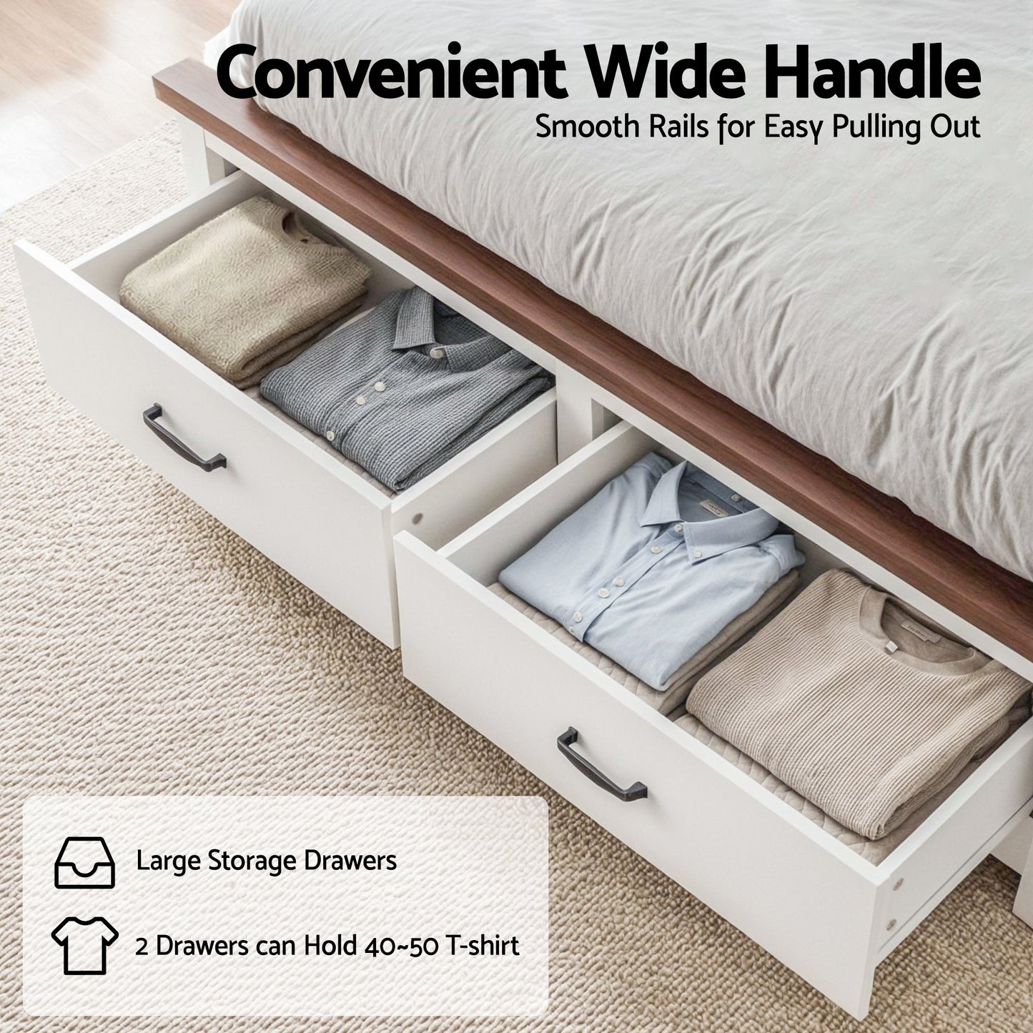 Aveline Wooden Bed Frame with 2 Drawer Platform Bed - White Queen
