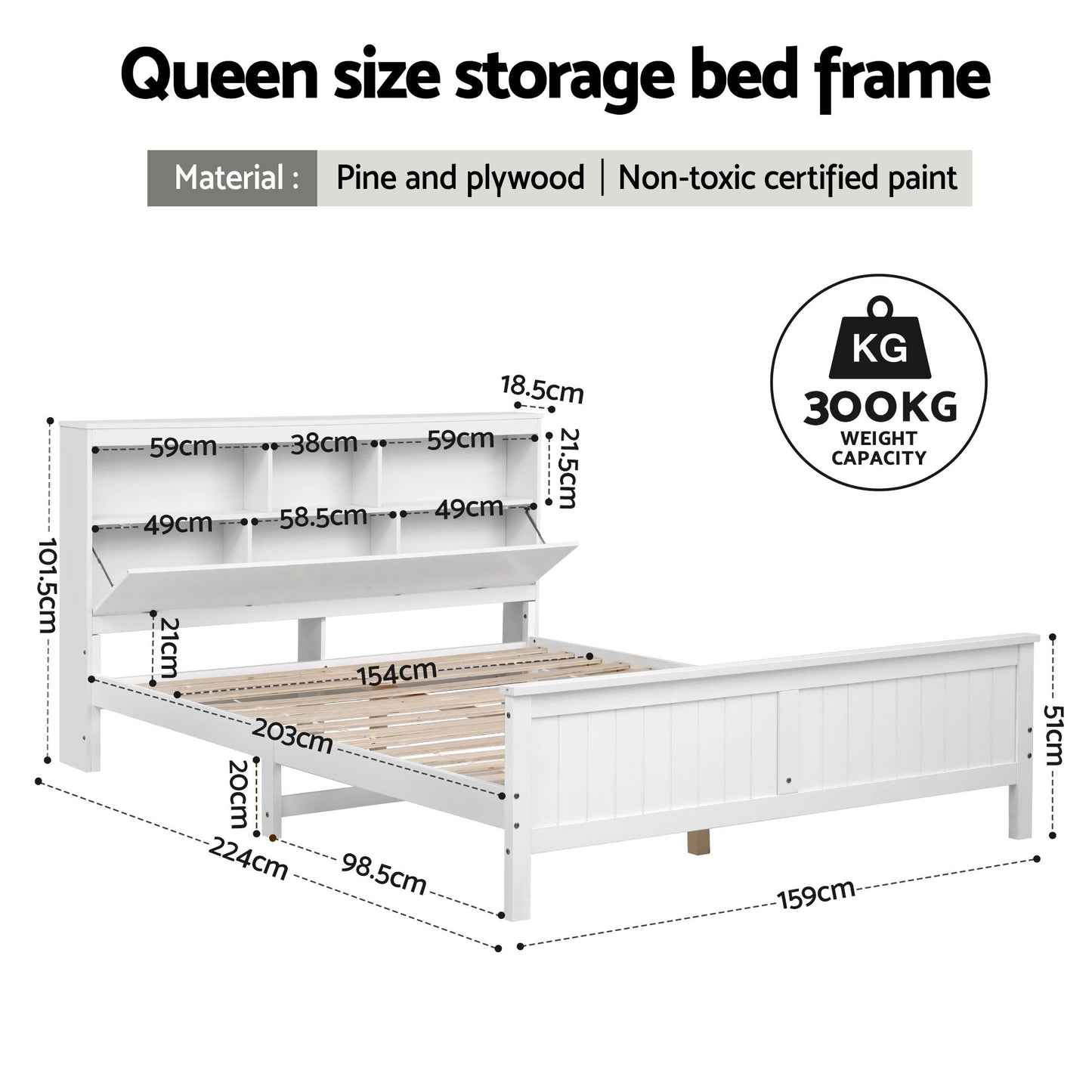 Emmeline Bed Frame with Storage Headboard and Footboard Wooden - White Queen