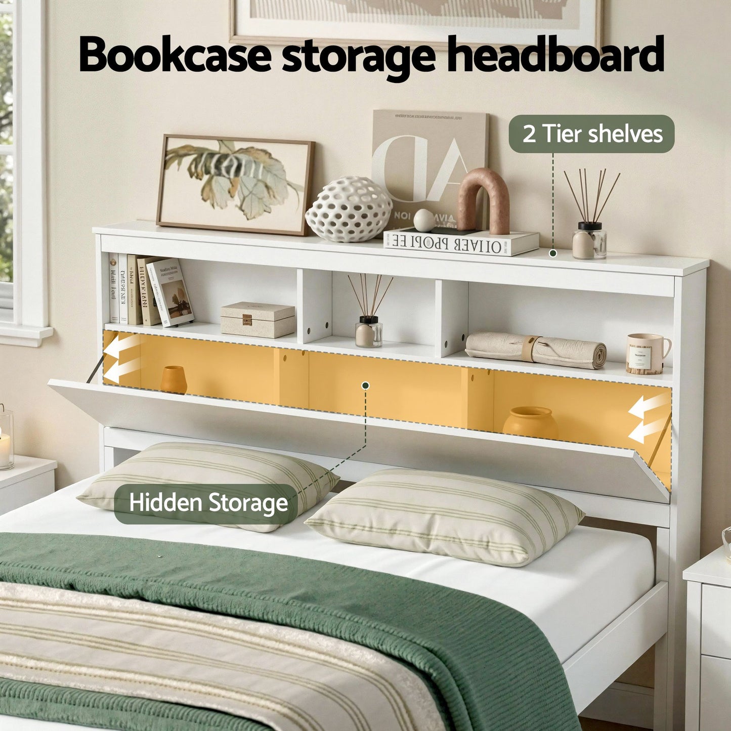 Emmeline Bed Frame with Storage Headboard and Footboard Wooden - White Queen