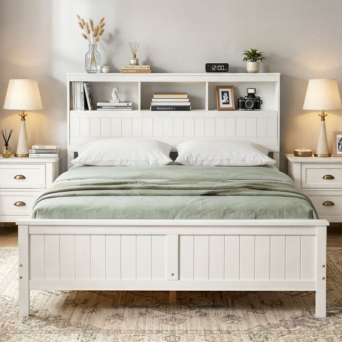 Emmeline Bed Frame with Storage Headboard and Footboard Wooden - White Queen