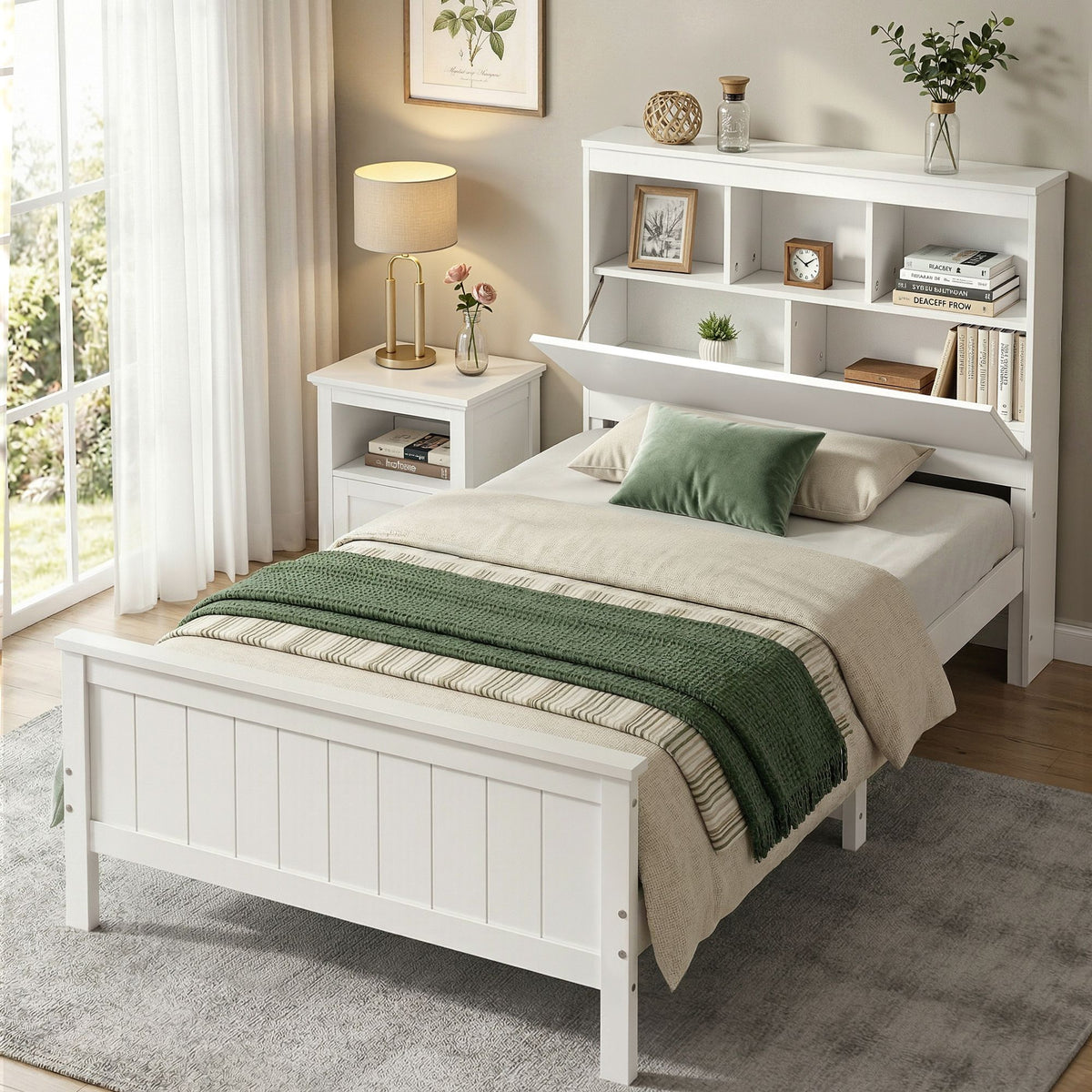 Emmeline Bed Frame with Storage Headboard and Footboard Wooden Bed Base - White Single