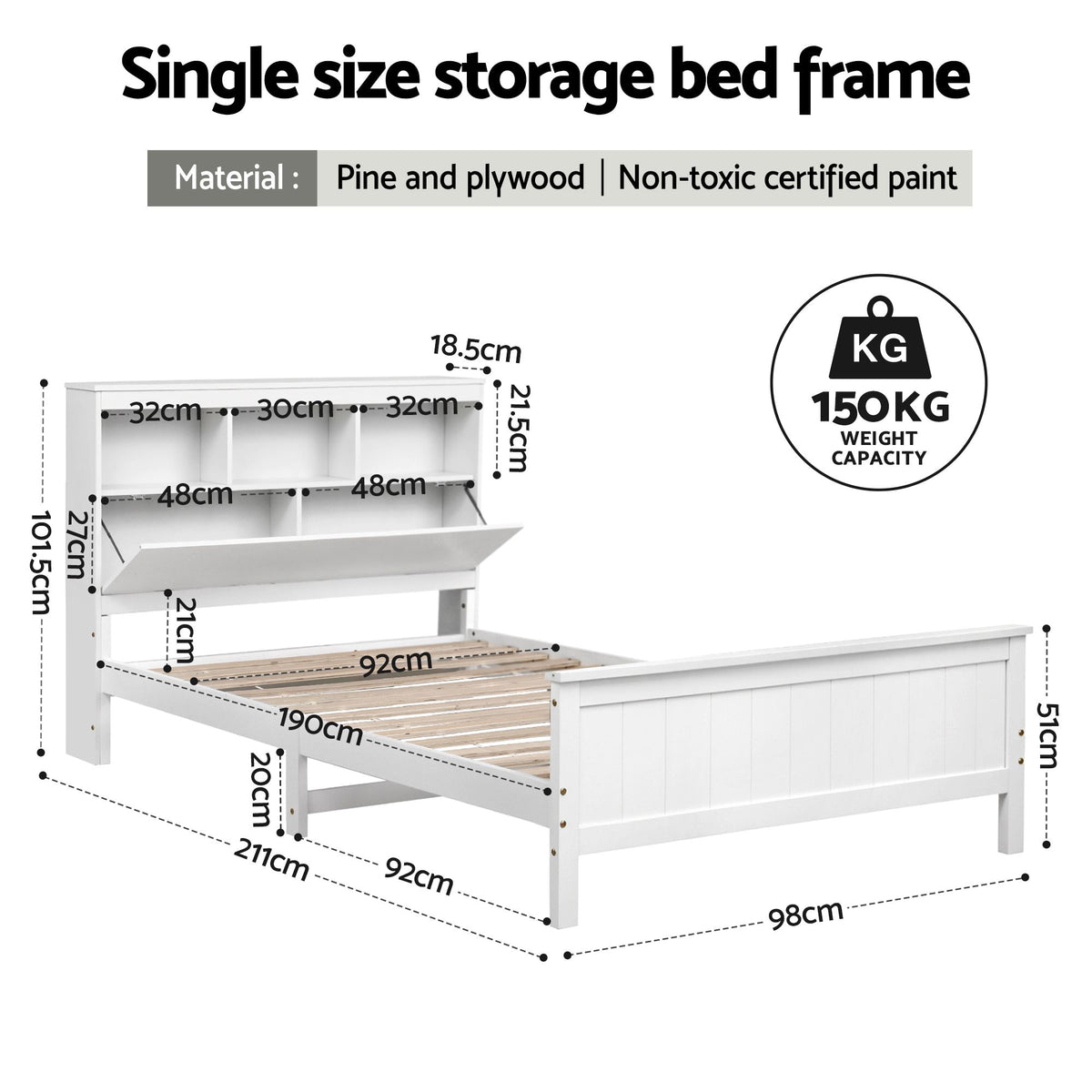 Emmeline Bed Frame with Storage Headboard and Footboard Wooden Bed Base - White Single