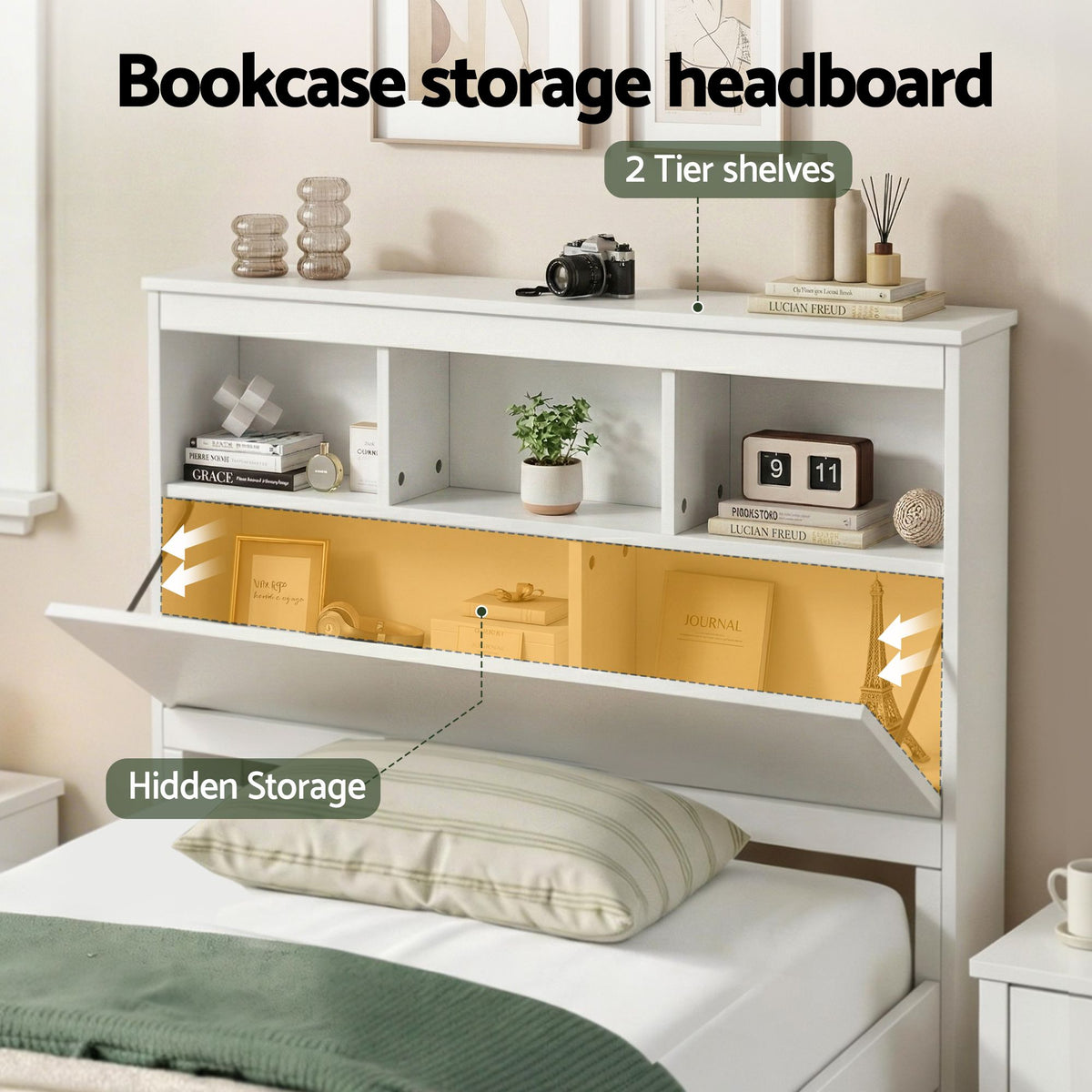 Emmeline Bed Frame with Storage Headboard and Footboard Wooden Bed Base - White Single