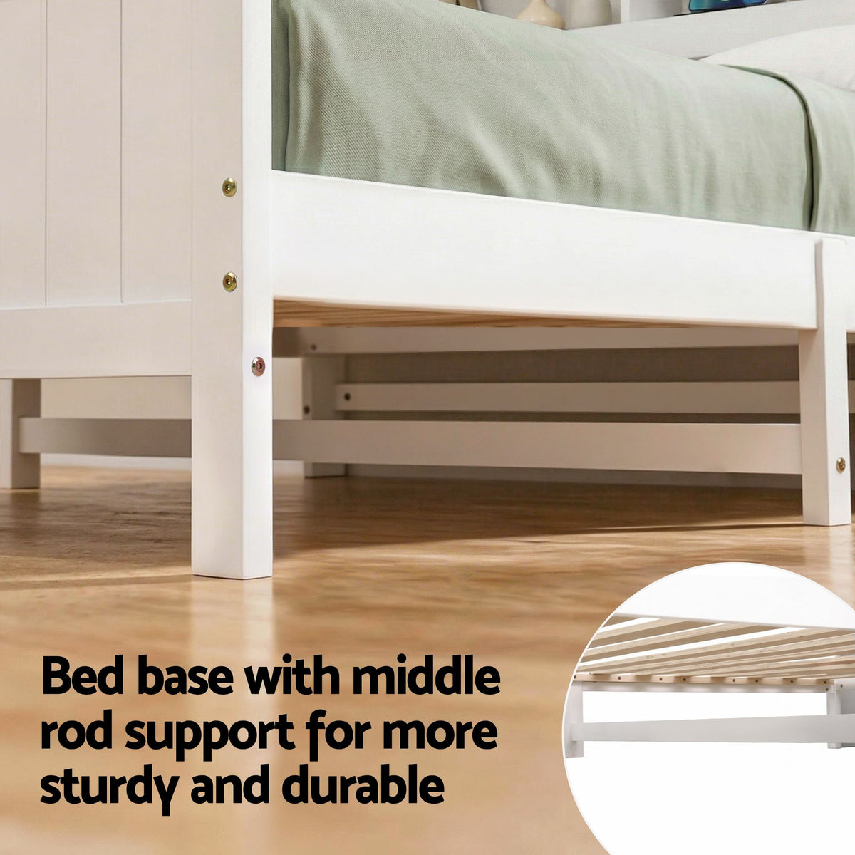 Emmeline Bed Frame with Storage Headboard and Footboard Wooden Bed Base - White Single