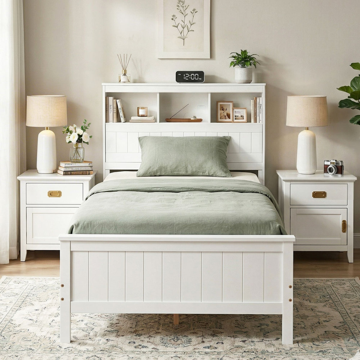 Emmeline Bed Frame with Storage Headboard and Footboard Wooden Bed Base - White Single