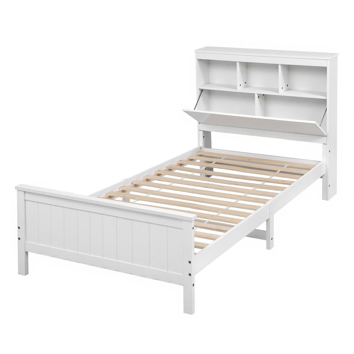 Emmeline Bed Frame with Storage Headboard and Footboard Wooden Bed Base - White Single