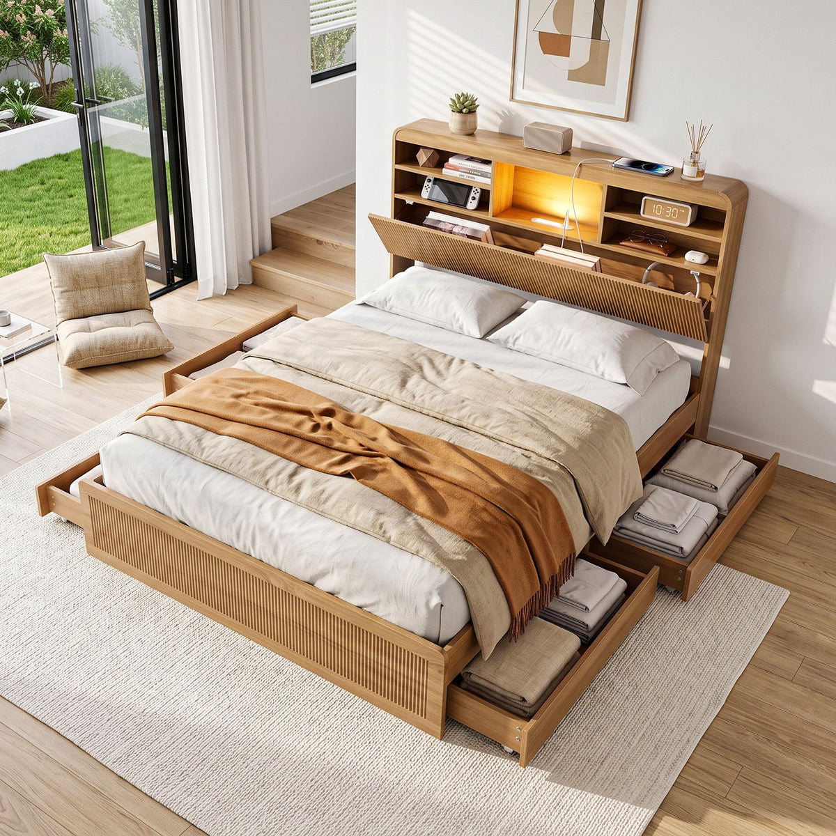 Lausanne Bed Frame with Storage, 4 Drawers, USB and Night Light - Natural Double