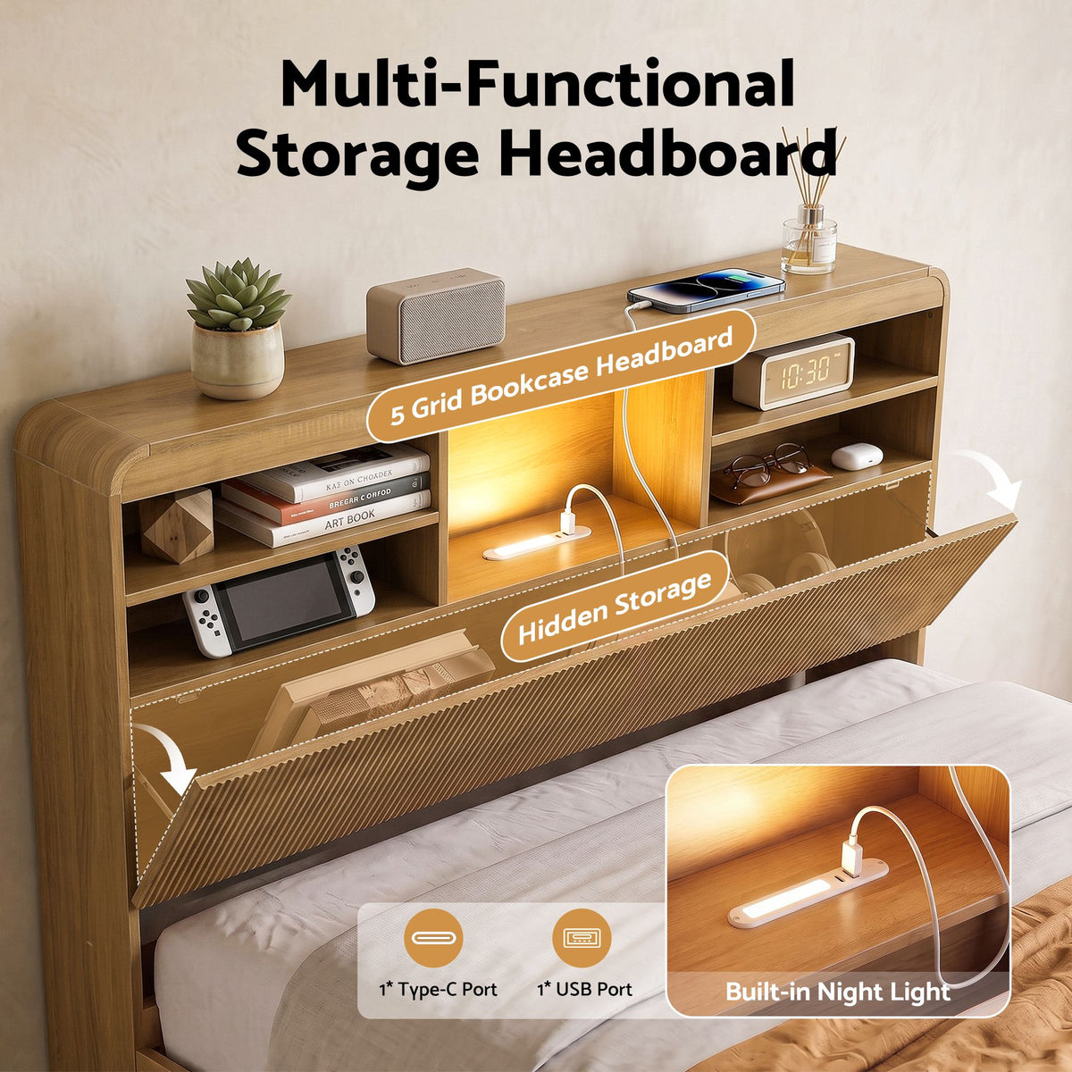 Lausanne Bed Frame with Storage, 4 Drawers, USB and Night Light - Natural Double