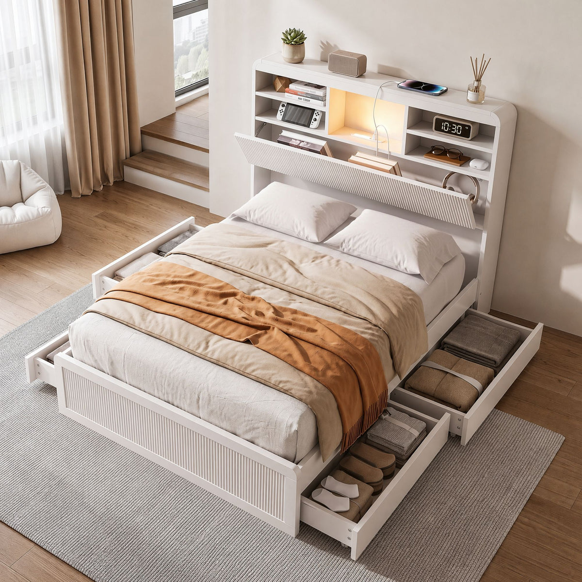Lausanne Bed Frame with Storage, 4 Drawers, USB and Night Light - White King Single