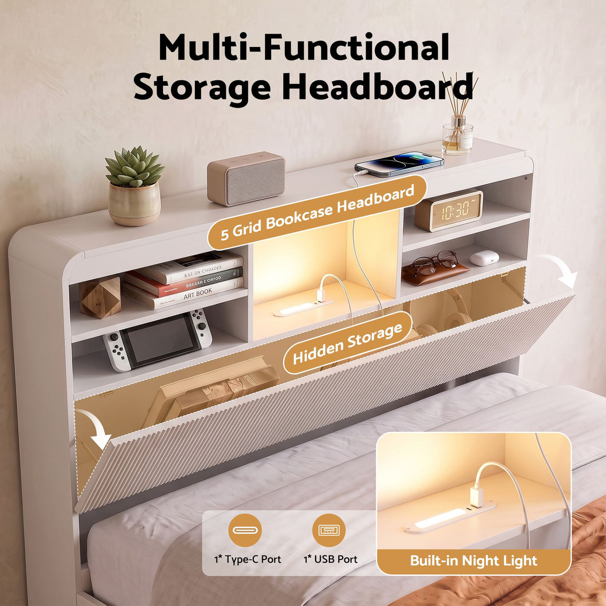 Lausanne Bed Frame with Storage, 4 Drawers, USB and Night Light - White King Single