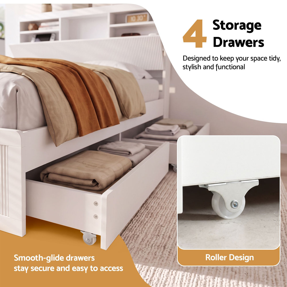 Lausanne Bed Frame with Storage, 4 Drawers, USB and Night Light - White King Single