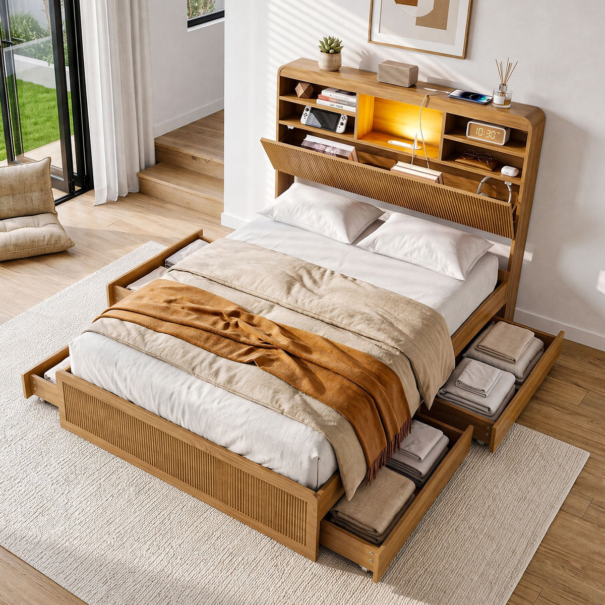 Lausanne Bed Frame with Storage, 4 Drawers, USB and Night Light - Natural King Single