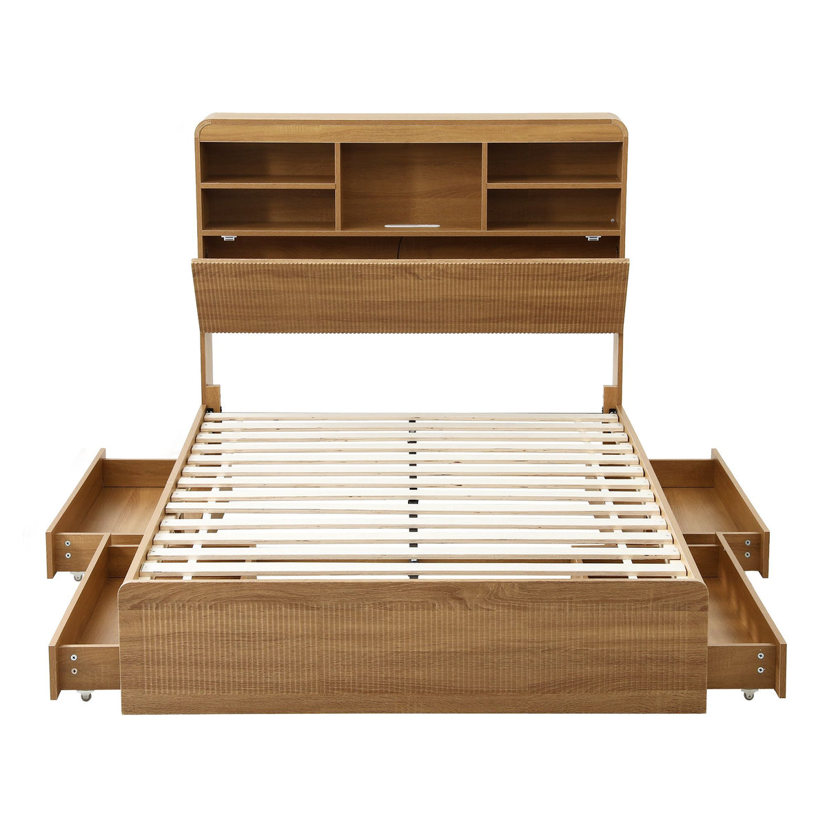 Lausanne Bed Frame with Storage, 4 Drawers, USB and Night Light - Natural King Single