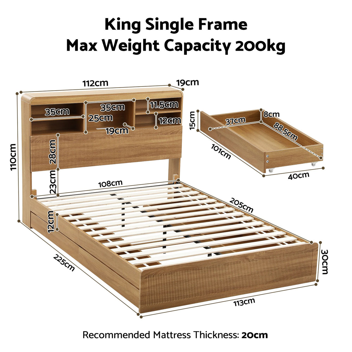 Lausanne Bed Frame with Storage, 4 Drawers, USB and Night Light - Natural King Single
