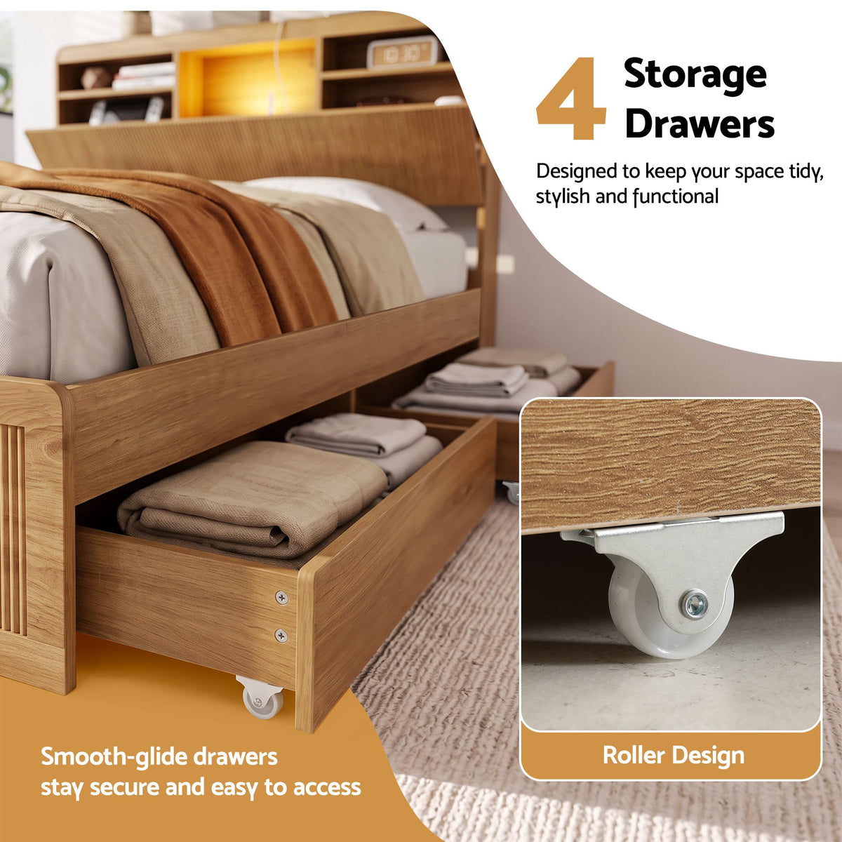 Lausanne Bed Frame with Storage, 4 Drawers, USB and Night Light - Natural King Single