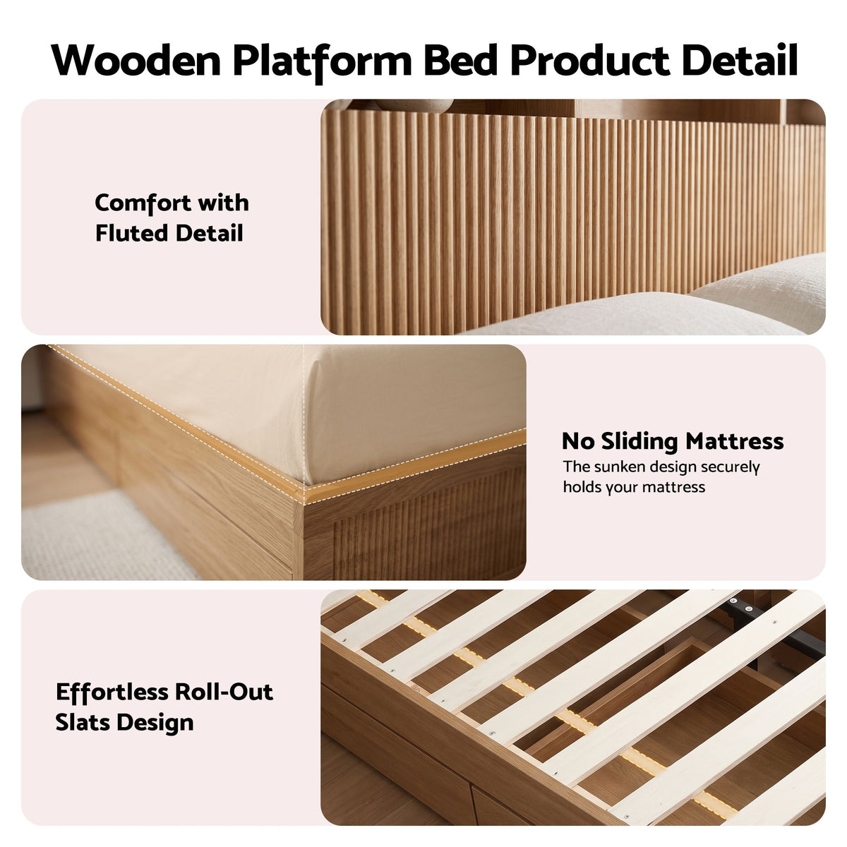 Lausanne Bed Frame with Storage, 4 Drawers, USB and Night Light - Natural King Single