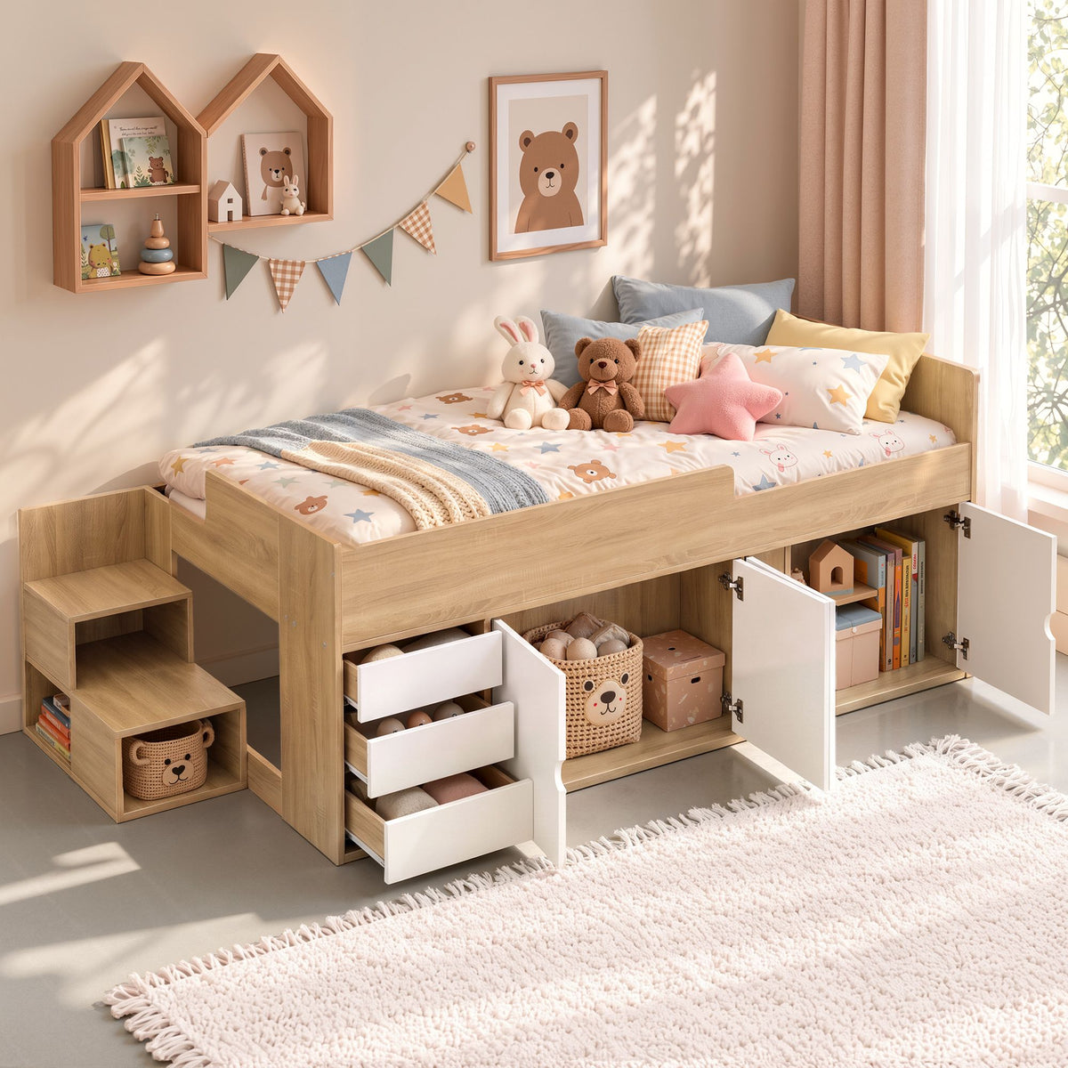 Zorielle Bed Frame with Storage 3 Drawers and Two-Step Access 2 Cabinets - White King Single
